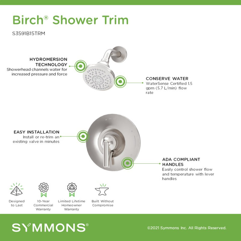 Birch HydroMersion Single Handle Shower Trim Kit, Satin Nickel