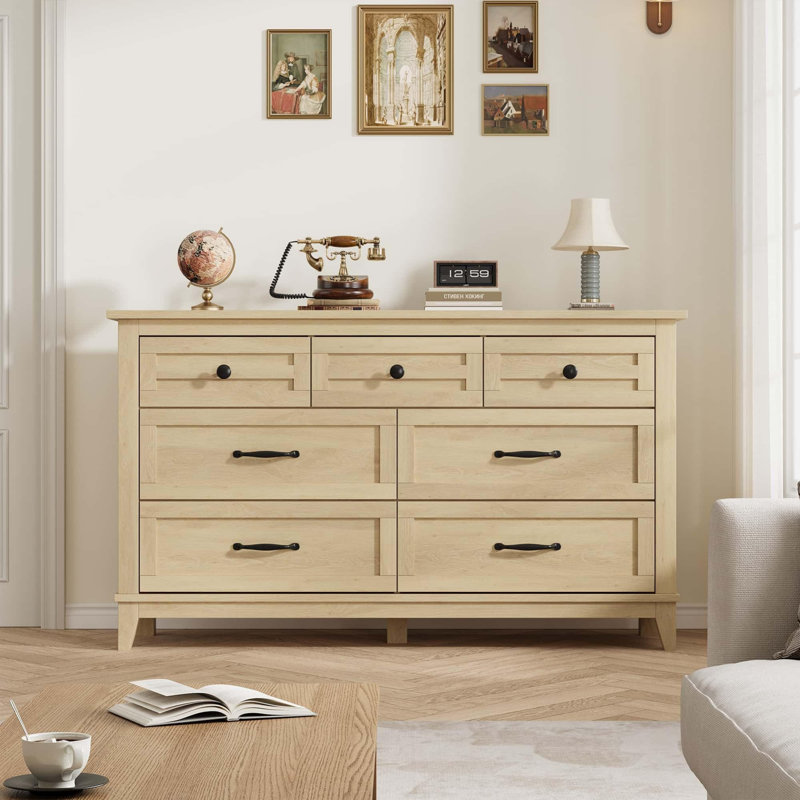 Commode 7 tiroirs de 54 po de largeur, commode de rangement autoportante en bois pour chambre à coucher, salon, entrée, assemblage requis