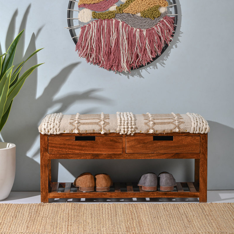 Banc de rangement en bois massif Vienna, Beige / géométrique