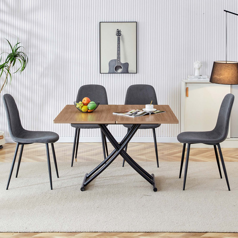 Table de levage moderne, plateau d'autocollants artisanaux en bois, pieds en métal et appariés avec 4 chaises