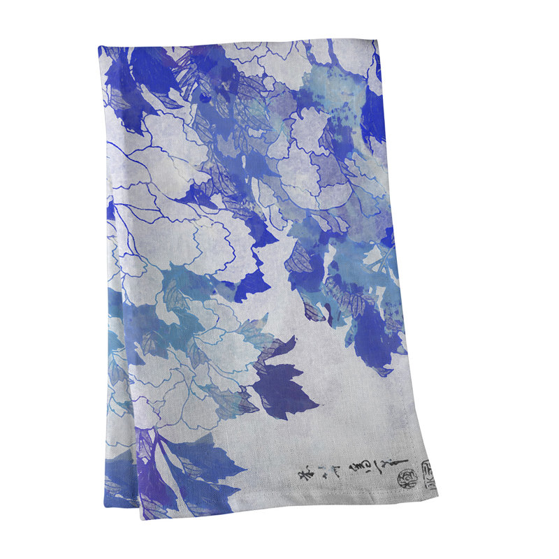 Serviette de thé pivoines et papillon, Polyester sergé, Mauve / Blanc