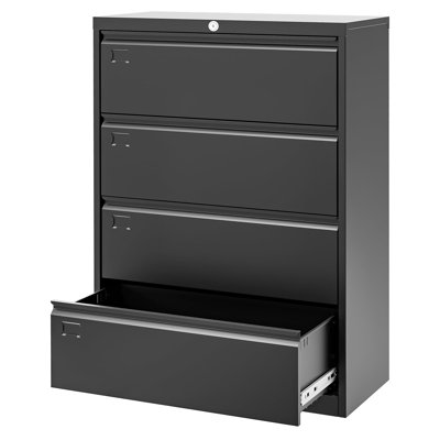 Heavy Duty 4 Drawer Lateral File Cabinet with Lock – Steel Office Filing Organizer for Letter, Legal, A4, F4 Hanging Files – Wide Lockable Storage, Easy Assembly – Black