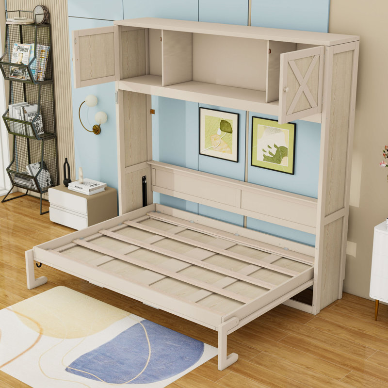 Lit escamotable double en bois avec armoires et lattes