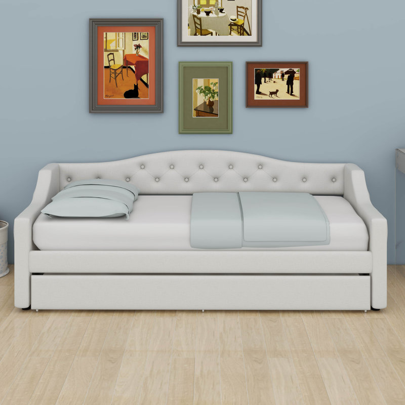 Twin XL Upholstered Daybed With Trundle & LED Belt, Linen Tufted Day Bed For Living Room, Bedroom, Beige