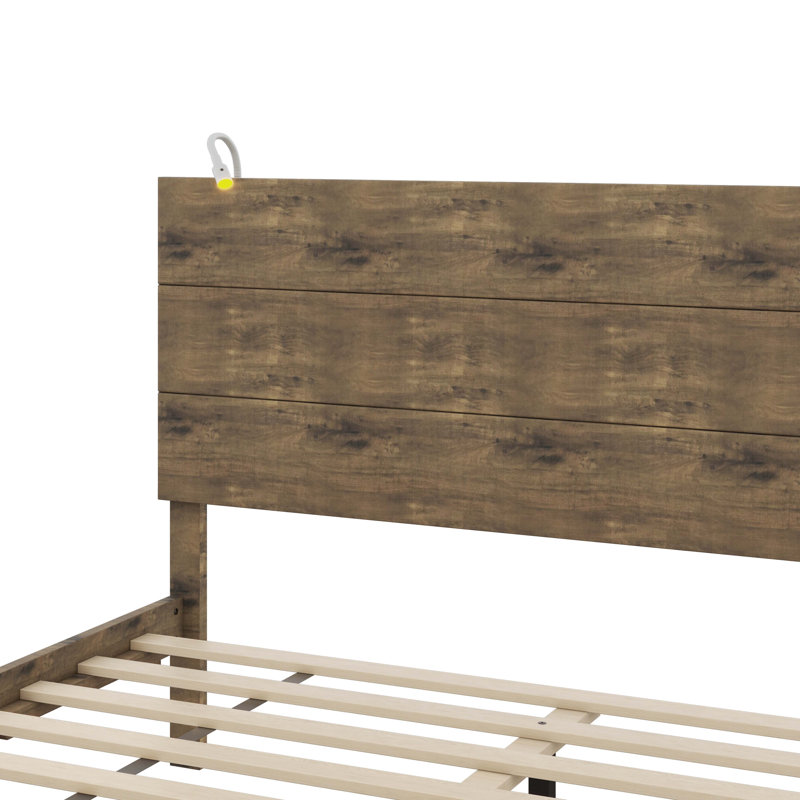Charmant lit plateforme en bois rustique moderne, Grand lit, Noyer antique