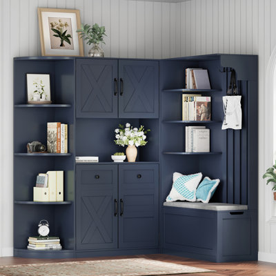 Antique Blue Hall Cabinet, Left - Right Can Be Used Alone, 8 Shelves, 4 Hooks, Easy To Clean And