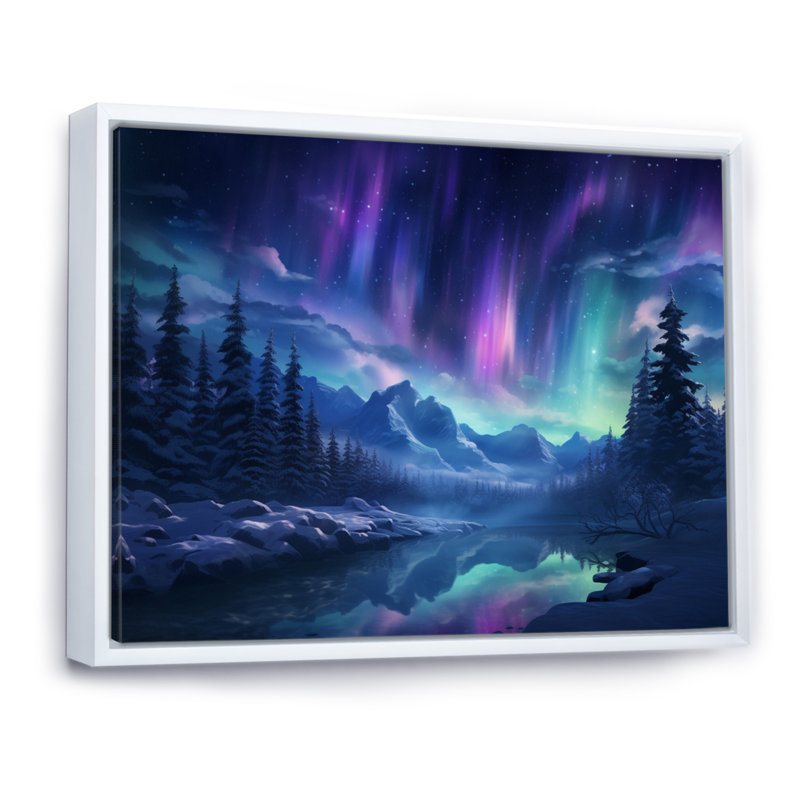 Northern Lights I - aurore boréale, art mural pour le salon, Cadre flottant blanc, H 16 po x l 32 po x P 1 po