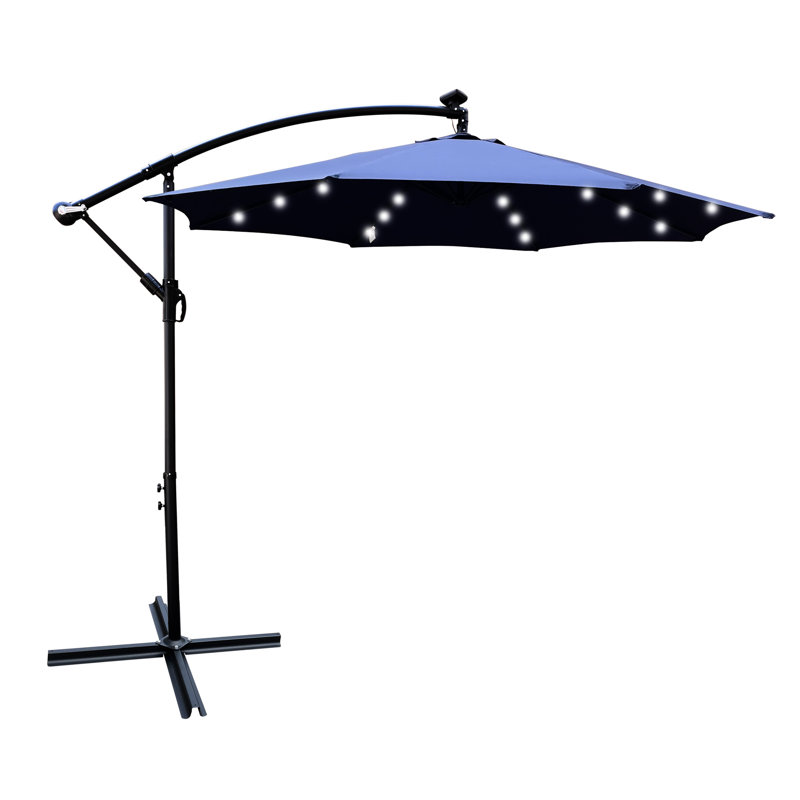 Parasol de patio extérieur 10 pi à DEL résistant à la décoloration, 8 nervures, lève-manivelle, base en croix pour terrasse de jardin, poignée,