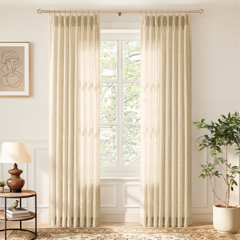 Memory‑Set Linen Textured Light‑Filtering Privacy Curtains for Living Room, Hook Pleat Design(Set of 2), Beige, 40" W x 84" L