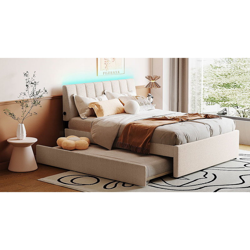 Lit plateforme tapissier Teddy, Beige, Lit double