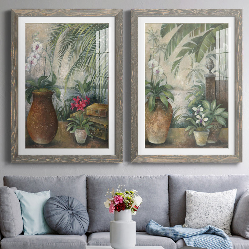 Orchidées au paradis I - ensemble de 2 reproductions d'art graphique, Cadre en papier gris, Blanc