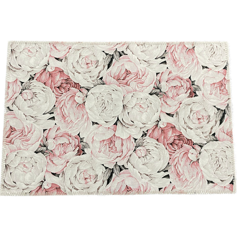 Peony Passion Microfiber Rectangle Washable Rug, Soft Pink, Rectangle 1'8" x 2'6"