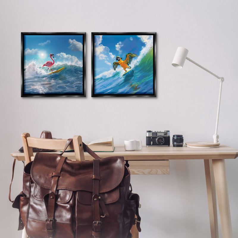  «Parrot & Flamingo Surf», ensemble de 2 toiles flottantes encadrées par Jim Baldwin, H 18 po x l 18 po, Noir