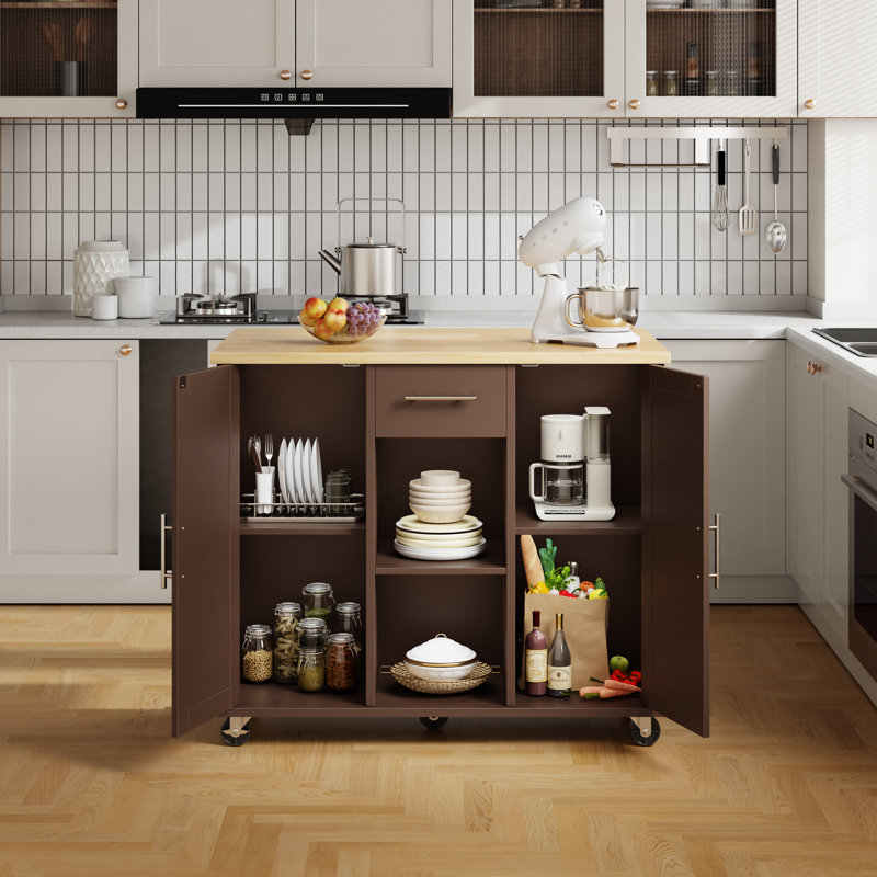 Rolling Kitchen Island Cart With Butcher Block Top – Portable Workstation With Storage Shelves & Locking Wheels, Brown