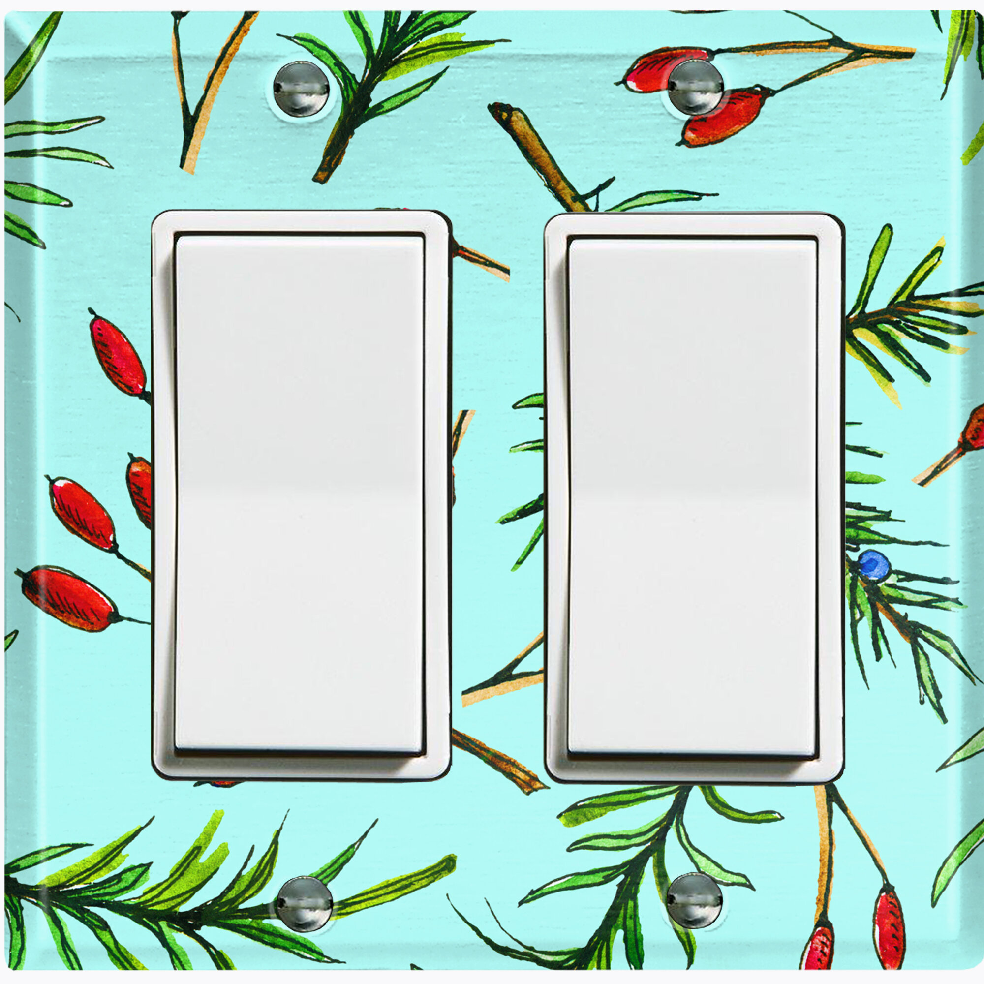 Metal Light Switch Plate Outlet Cover (Rosemary Berry Teal Wallpaper  Wallpaper- Double Rocker)
