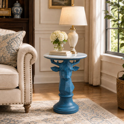 Table de bout moderne à chevrons abstraits, table basse géométrique en poly avec plateau rond, table de chevet à statue unique de 25,6 po pour le salon et la chambre d'enfant - Bleu