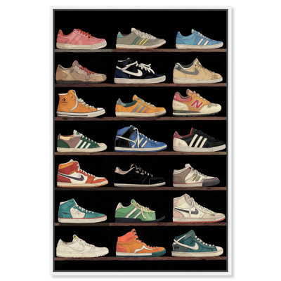 Sneaker Collection on Shelves Canvas Print Sneaker Wall Art by Art Remedy, White Frame, 36 x 54