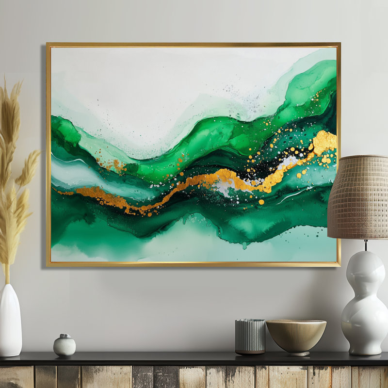 Abstrait fugue blanche et verte en couleur III - art minimaliste abstrait sur toile, H 24 po x l 32 po, Cadre flottant, Doré