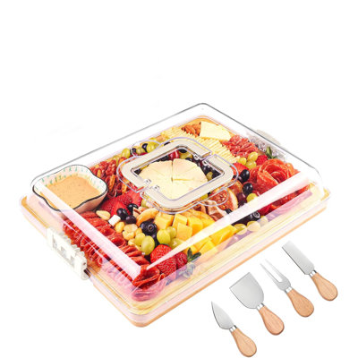 Portable Charcuterie Board with Lid & Cheese Tools – Bamboo Cheese Serving Tray with Handle