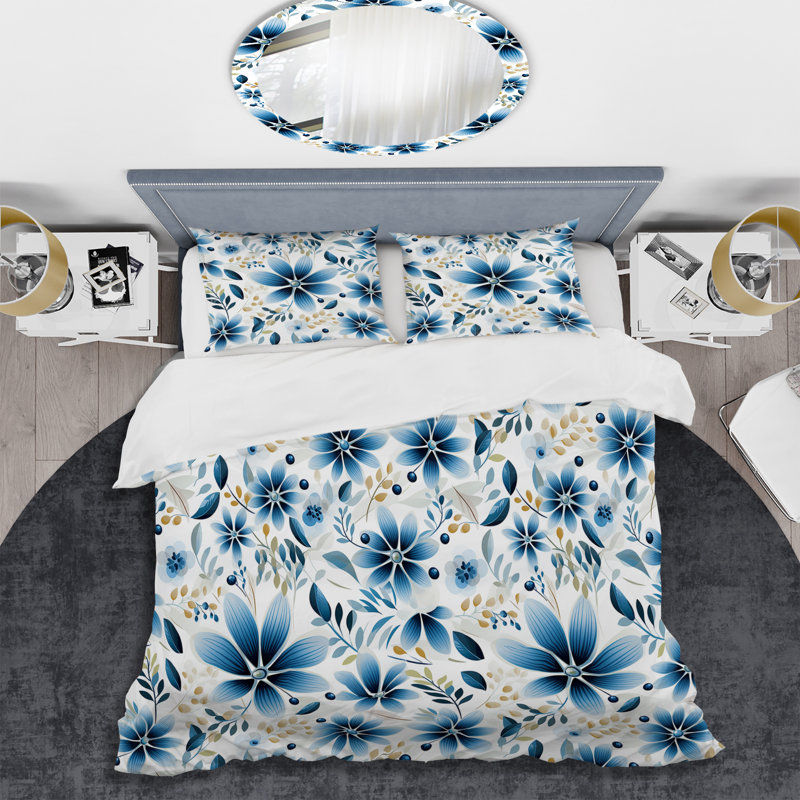 Blue Coastal Harmony Floral Pattern V - Ensemble de housse de couette à motif floral