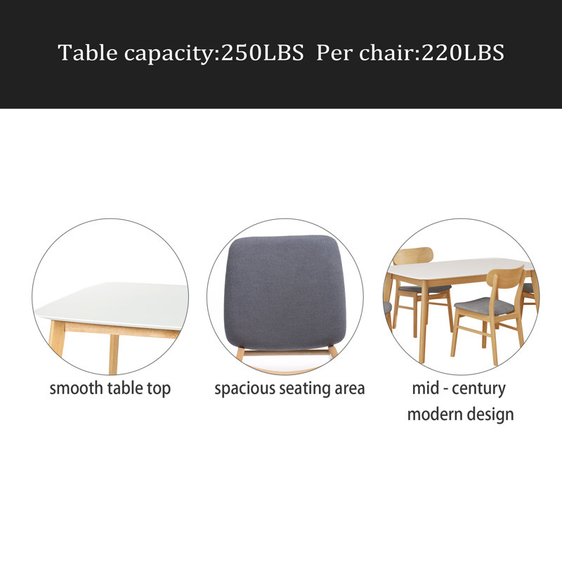 Ensemble de table de salle à manger 5 pièces avec une table à structure en bois massif et 4 chaises rembourrées en bois massif pour la salle à manger