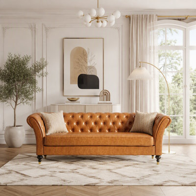 Classic Chesterfield Faux Leather 3-Seater Sofa with Deep Button Tufting, Rolled Arms, and Turned Wood Legs for Mid-Century Modern Decor