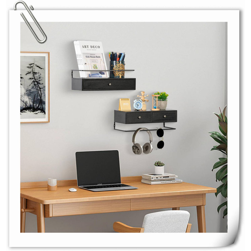 Calogera 2 Piece Wood Floating Shelf, Natural Wood/Black