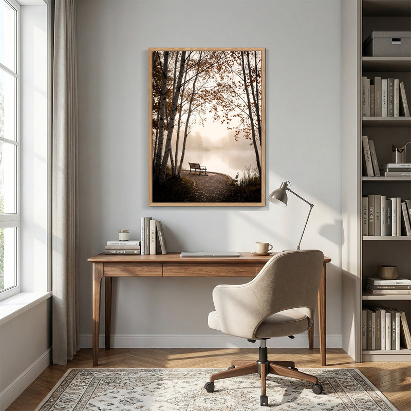 «Autumn Birch Trees and Bench» par Foggy Lake, art mural sur toile, 36"H x 24"W
