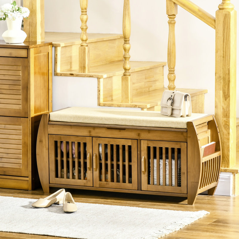 Banc en bambou pour hall d'entrée avec rangement, coussin de siège, 3 portes, support latéral et compartiment caché