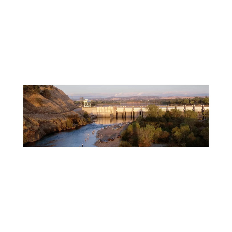 High Angle View of a Dam on a River, Nimbus Dam, American River 1 Piece Wrapped Canvas Panoramic Wall Art