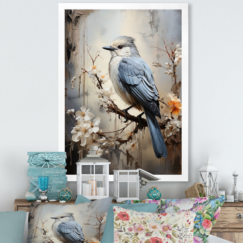 «Misty Blueray Bird on Branch II», reproduction d'art mural, Cadre simple blanc, H 40 po x l 30 po x P 1,5 po