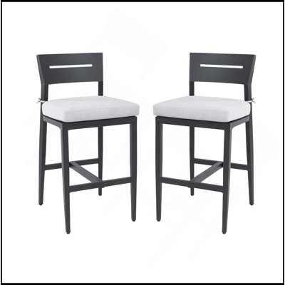 Tabourets de bar d'extérieur modernes de 2 pièces, chaise de bar de patio en aluminium avec dossier ergonomique, pieds fuselés, repose-pieds, noir Ember, coussin Sunbrella, résistant aux intempéries, pour jardin, bord de piscine et îlot de cuisine