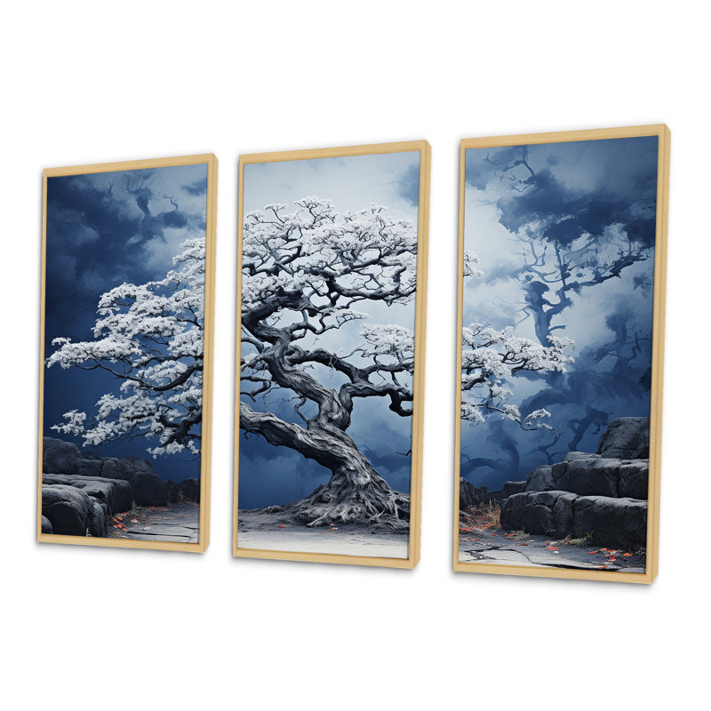 Fauvist Awakening Of Blue Oak Tree - Ensemble de décoration murale chêne, Cadre naturel flottant, H 40 po x l 60 po x P 1 po