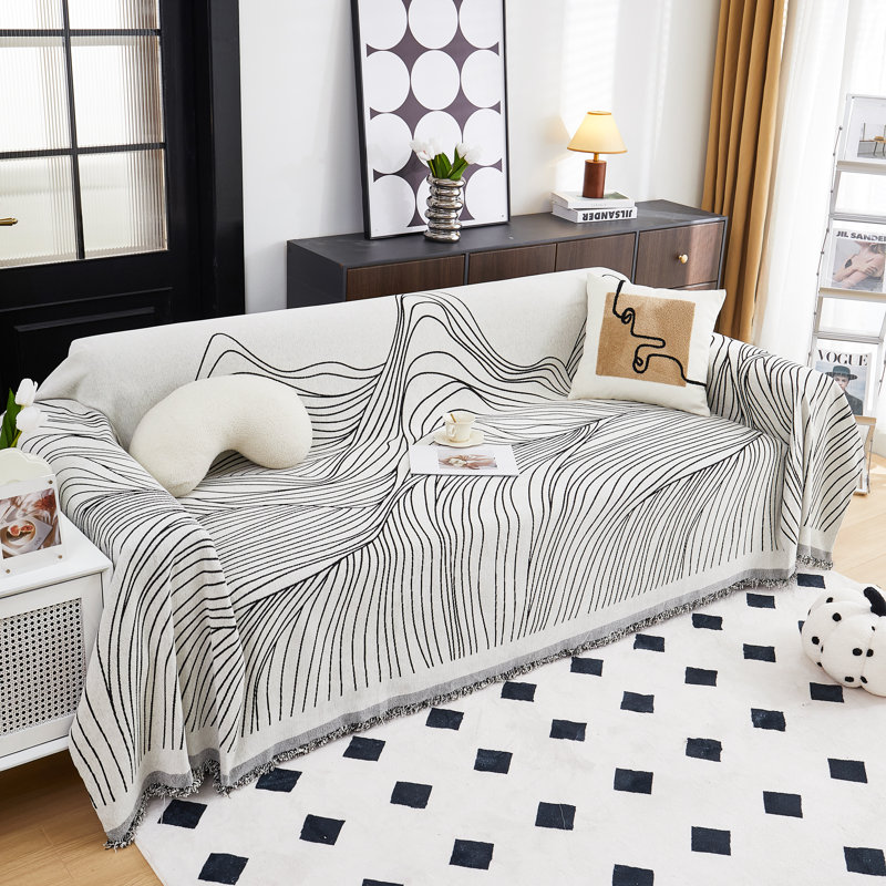 Chenille Sofa Slipcover, White/Black