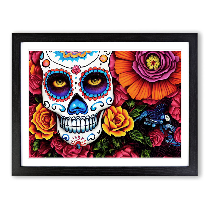 Shining Floral Sugar Skull - Single Picture Frame Print, 46cm H x 64cm W x 2cm D, Black