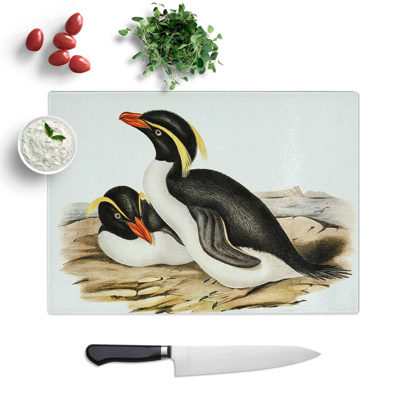 Tempered Glass Crested Penguins Chopping Board, 39 cm W x 28.5 cm L