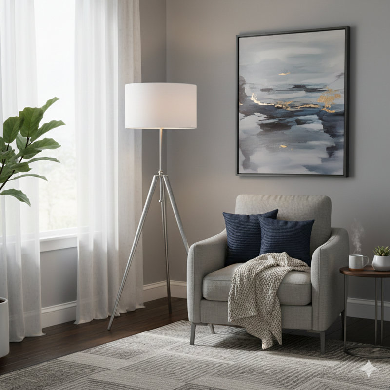 64" - 47" In Mid-Century Adjustable Tripod Chrome/Silver Metal Floor Lamp