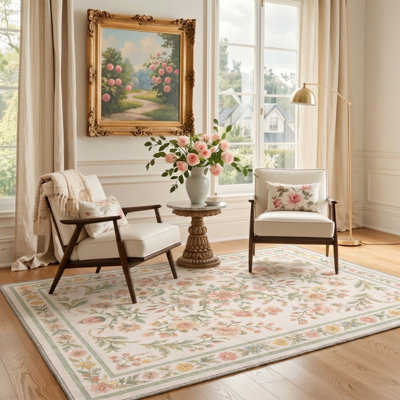 Tapis floral ivoire / rose lavable à la machine avec envers antidérapant