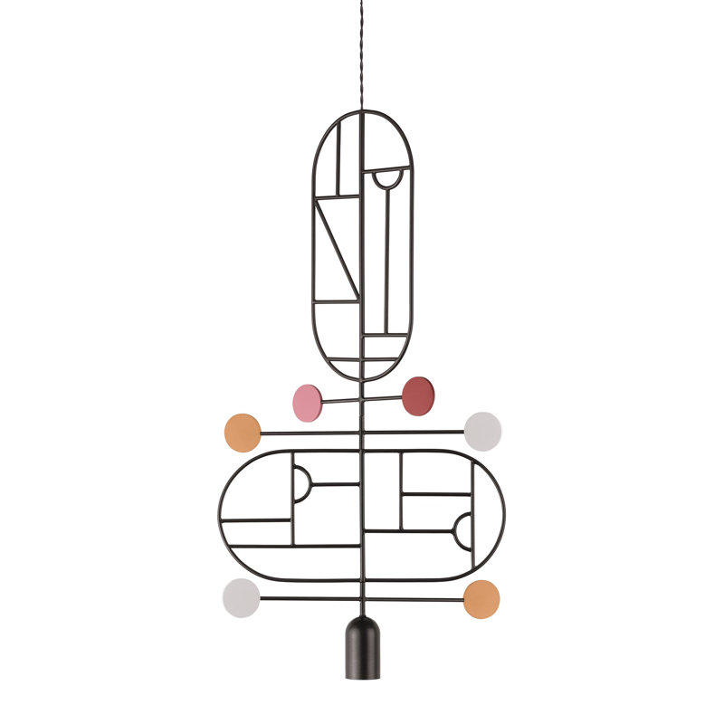 Luminaire suspendu géométrique unique à 1 lumière H 33,5 po à pois en bois, Noir, Blanc / rose