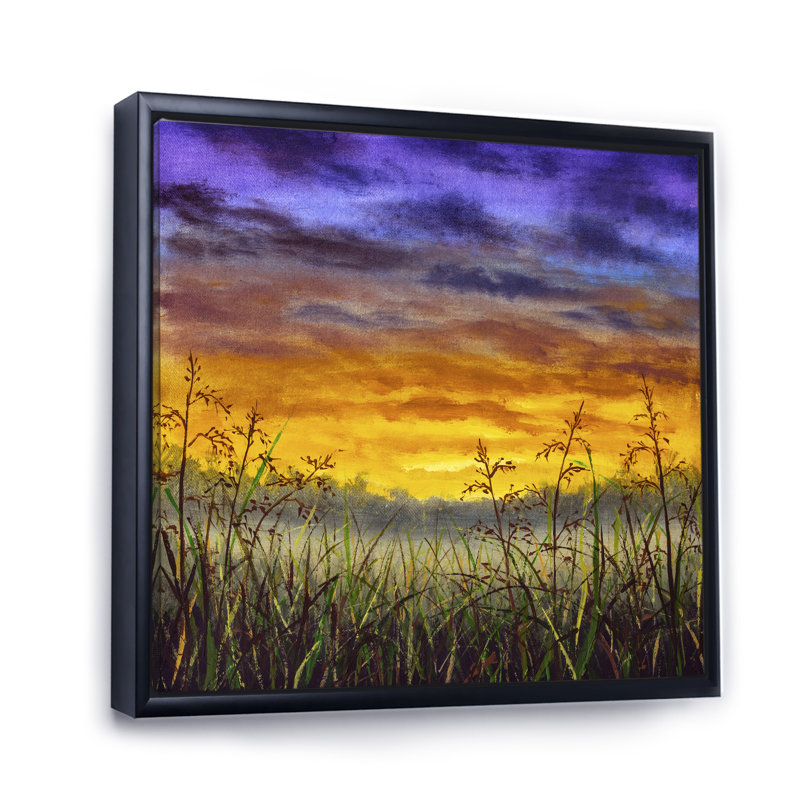 Coucher de soleil sur un champ d'herbe - Peinture, L 16 po x H 16 po, Toile avec cadre flottant noir