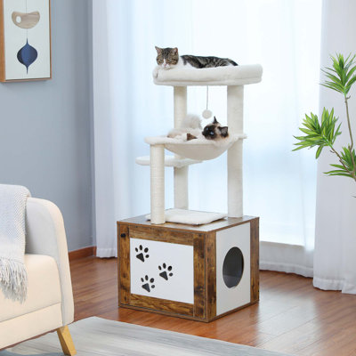 Arbre à chat en bois de 56,7 po avec grand bac à litière, armoire de rangement, maisonnette confortable pour chat, poteau à griffes et boules suspendues remplaçables