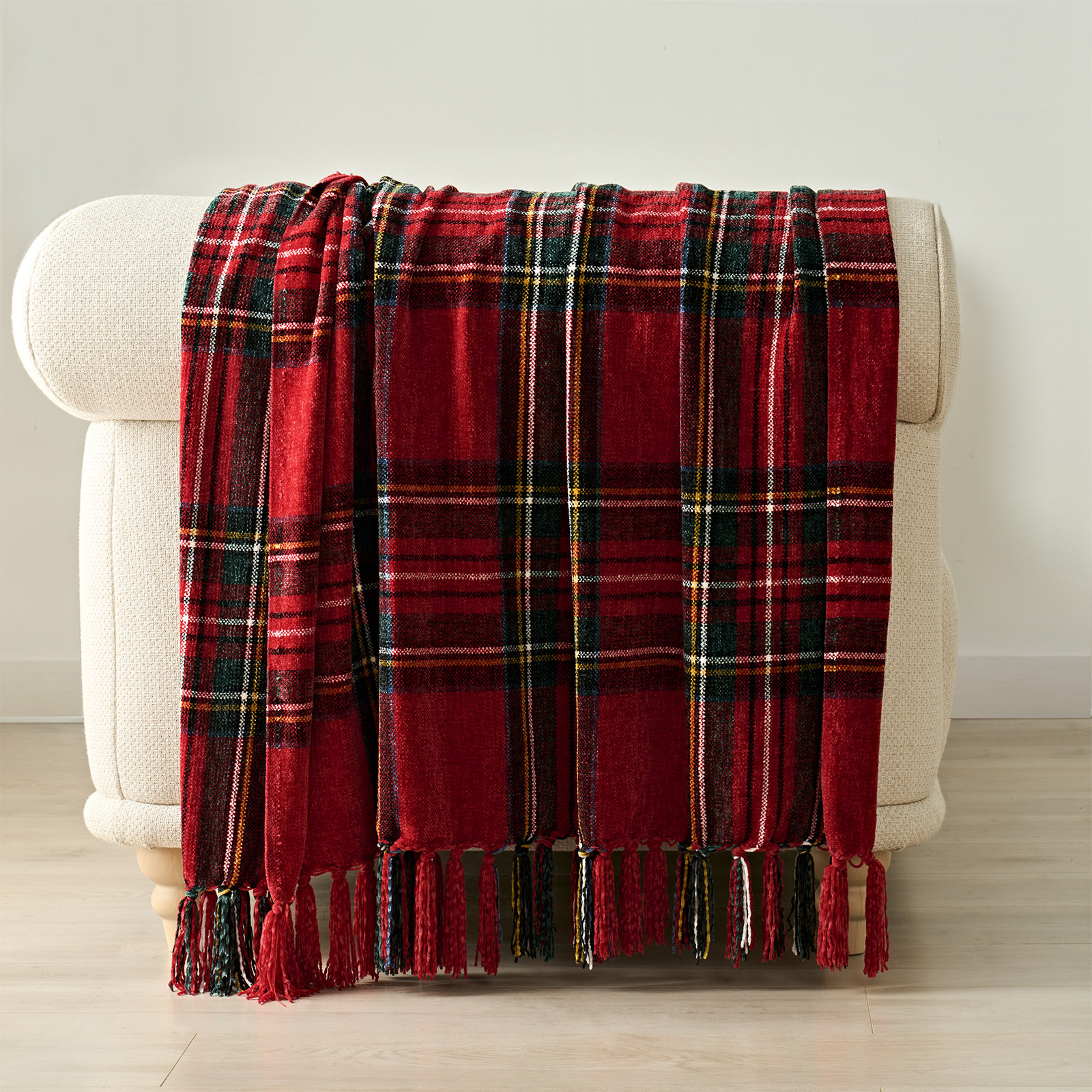 Chenille Throw Blanket, 60" L x 50" W, Classic Red Plaid