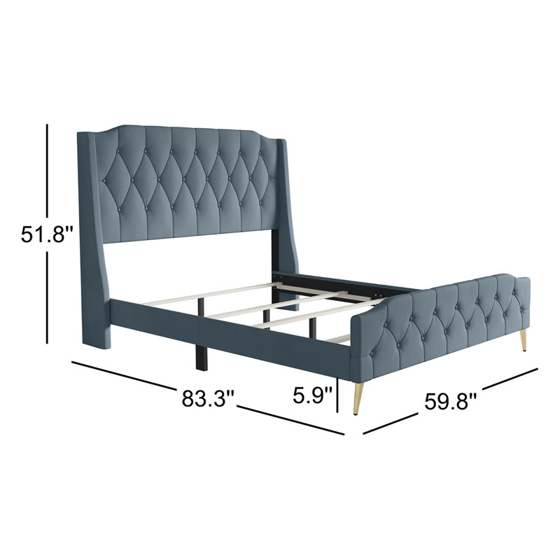 Lit tapissier standard à profil bas Louise, Bleu, Complète