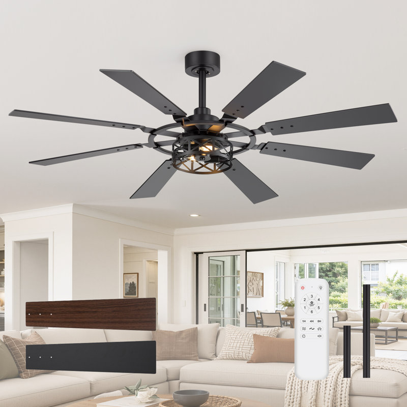 52 po / 65 po. Ventilateurs de plafond noirs avec lumières - Ventilateur de plafond intérieur avec lumière et télécommande, 8 pales, ventilateur de plafond moderne réversible pour chambre à coucher