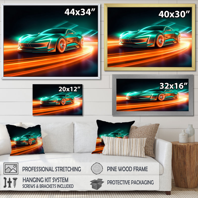 «Teal Neon Exotic Car II», reproduction sur toile, Toile tendue, H 12 po x l 20 po x P 1 po