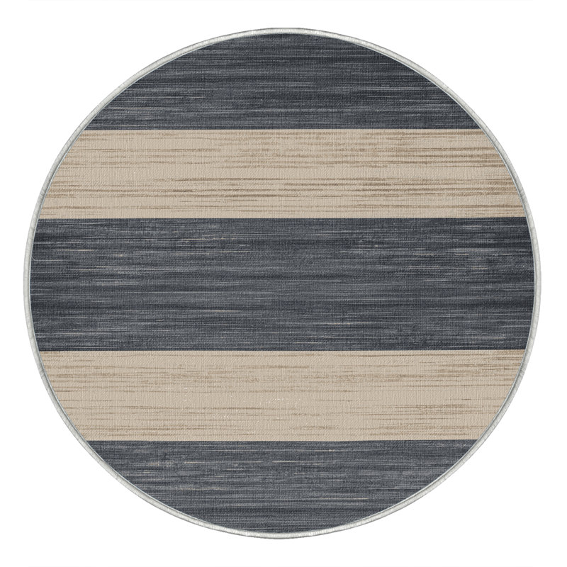 Machine Washable Horizontal Stripes Beige Area Rug, Round 3'