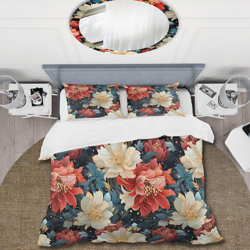 Red And Gold Contemporary Fusion Floral Delight - Ensemble de housse de couette à motif floral