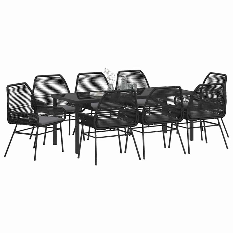  Ensemble de salle à manger de jardin avec coussin 9 pièces en rotin de polyester noir, Grey Cushion/Black Frame, 6
