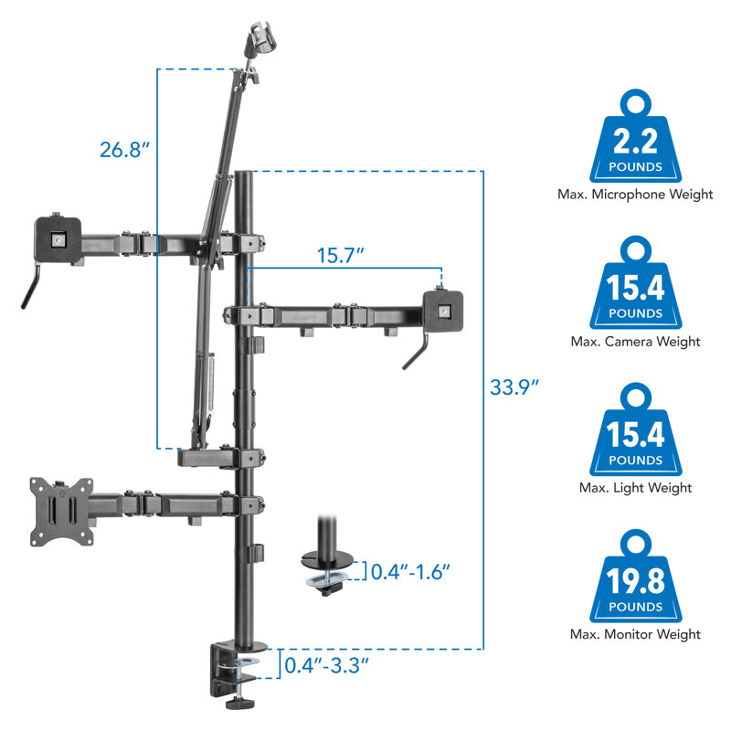Black Steel Multi-Arm Desktop Streaming Mount with Mic Holder
