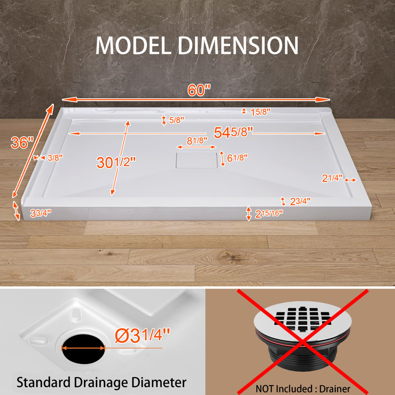  60" L x 36" W White Acrylic Shower Base for Two-Wall Alcove Right Entry | Center Drain with Magnetic Cover | Hassle-Free Cleaning